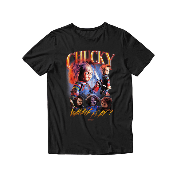 Chucky Wanna Play Collage Unisex Adult Short Sleeve T-Shirt (Black, S-2XL)