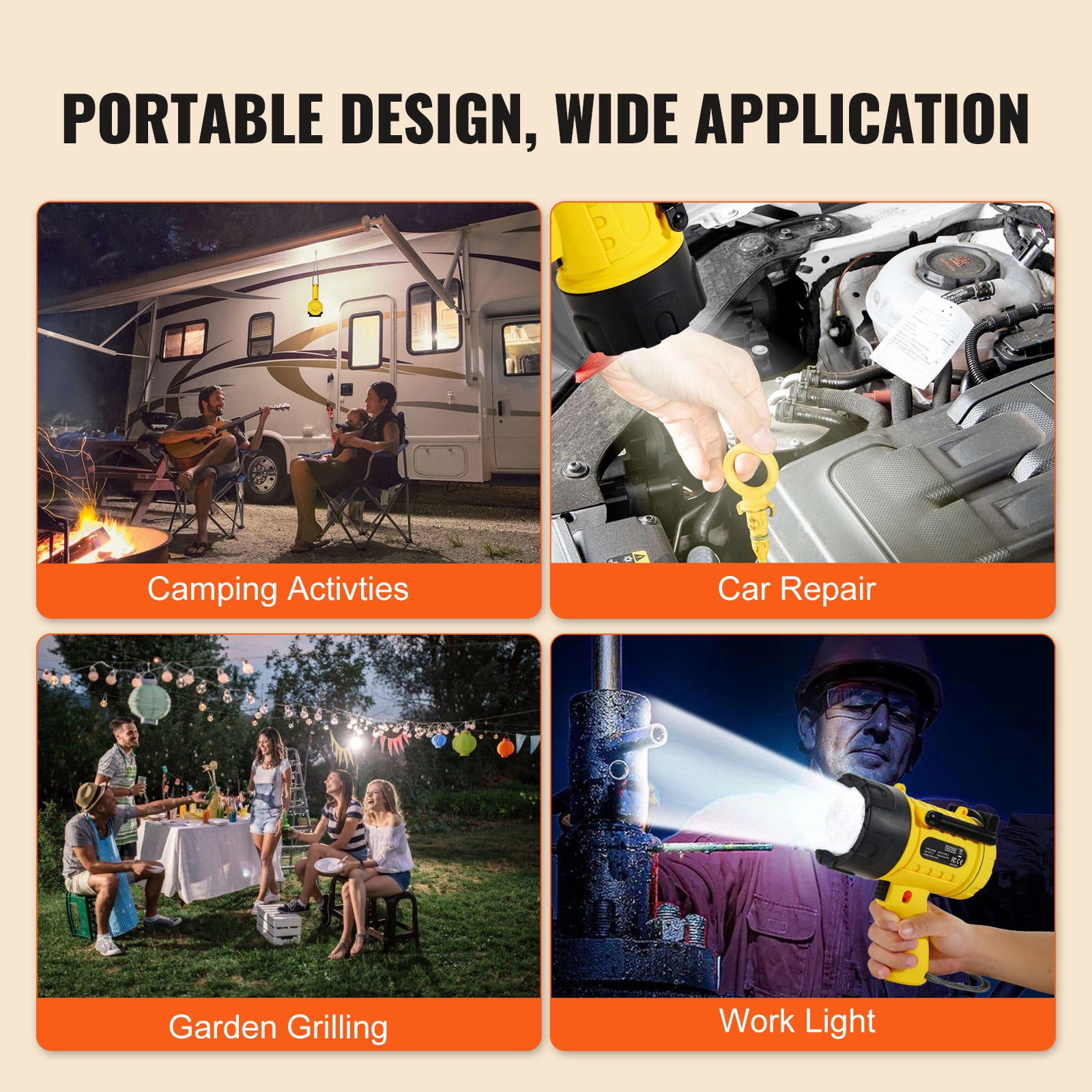 KFFKFF Portable LED Spotlight, 1500 lms, IP67 Water-Resistant, Rechargeable Handheld Flashlight, Exceptionally Bright with 4 Adjustable Modes, Detachable Lens and USB Port