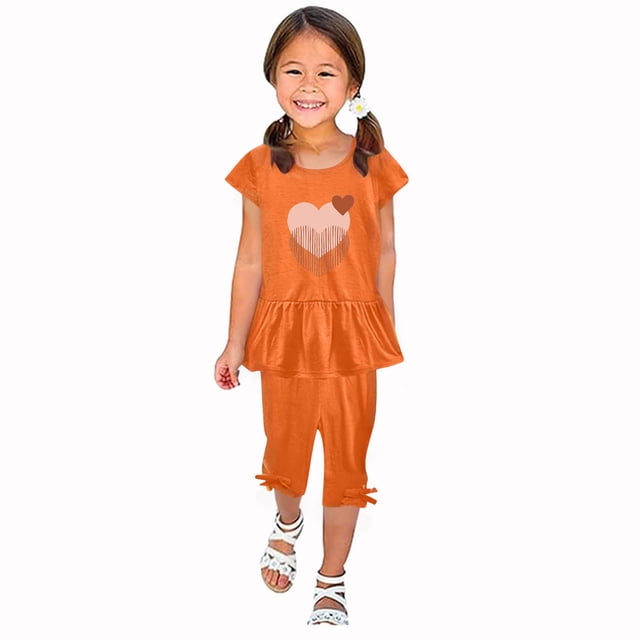 ameIAEA Kid Girls Clothes Toddler 2 Pcs Summer Outfits Print Short Sleeve Round Neck Ruffle Tops Capri Pant Set