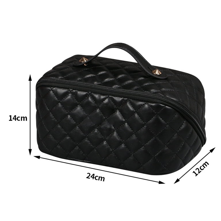 CHAMAIR Quilted Cosmetic Bag Portable PU Leather Wash Bag for Gym Fitness  (Black) 