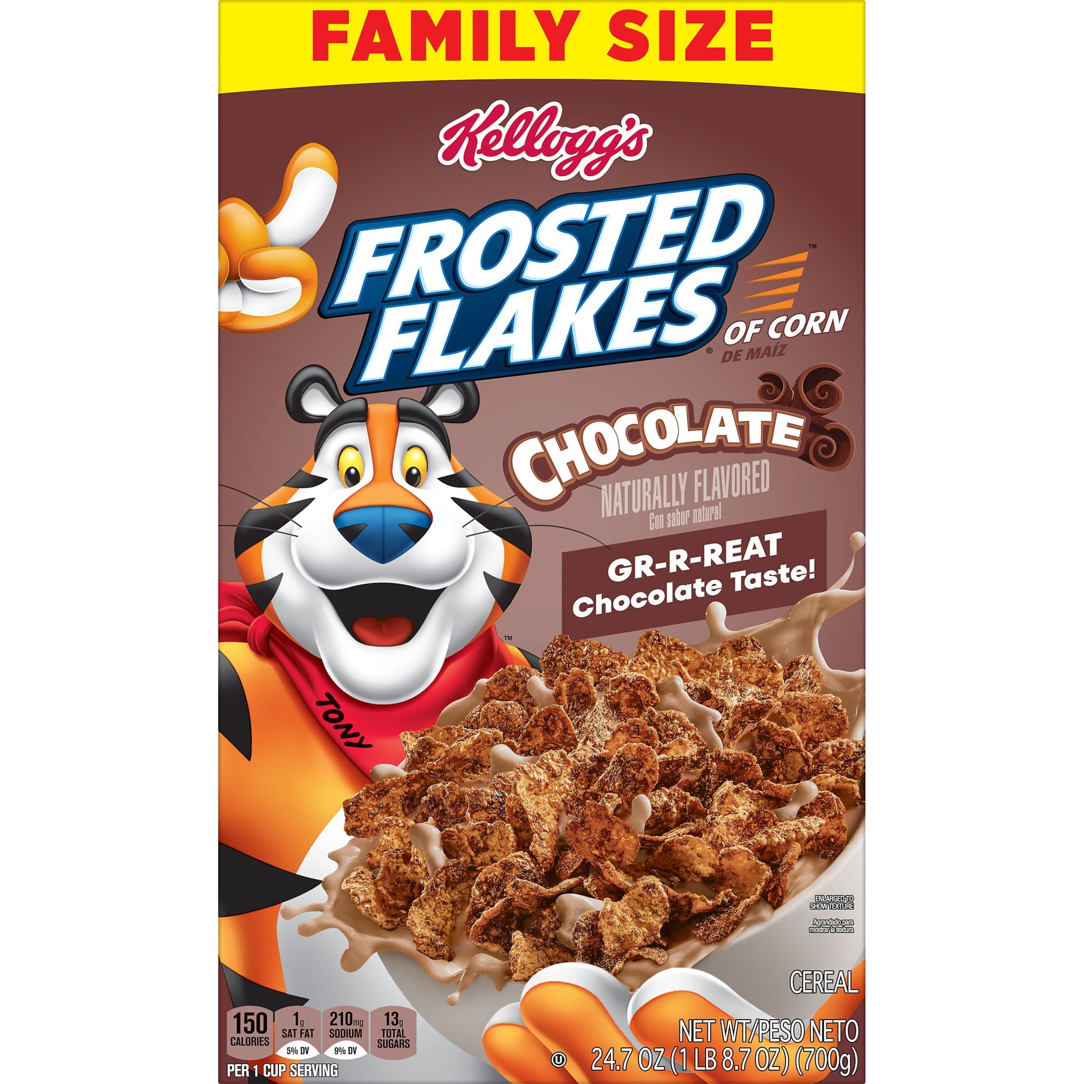 Kellogg's Frosted Flakes Cold Breakfast Cereal, 8 Vitamins and Minerals, Kids Snacks, Family Size, Chocolate, 24.7oz Box (1 Box)