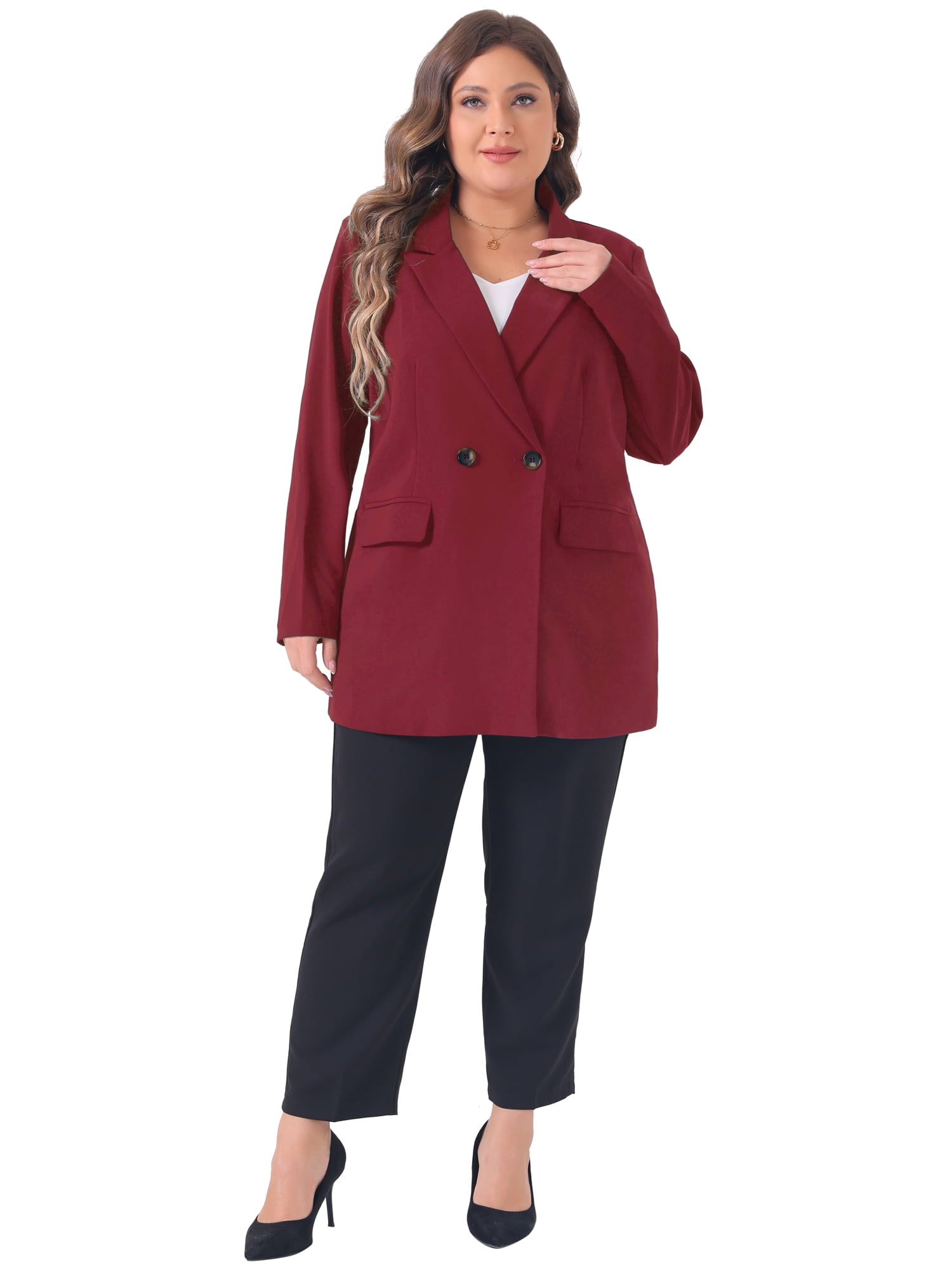 DARING DIVA Women's Plus Lapel Button with Pocket Jackets Long Blazer 2X Burgundy