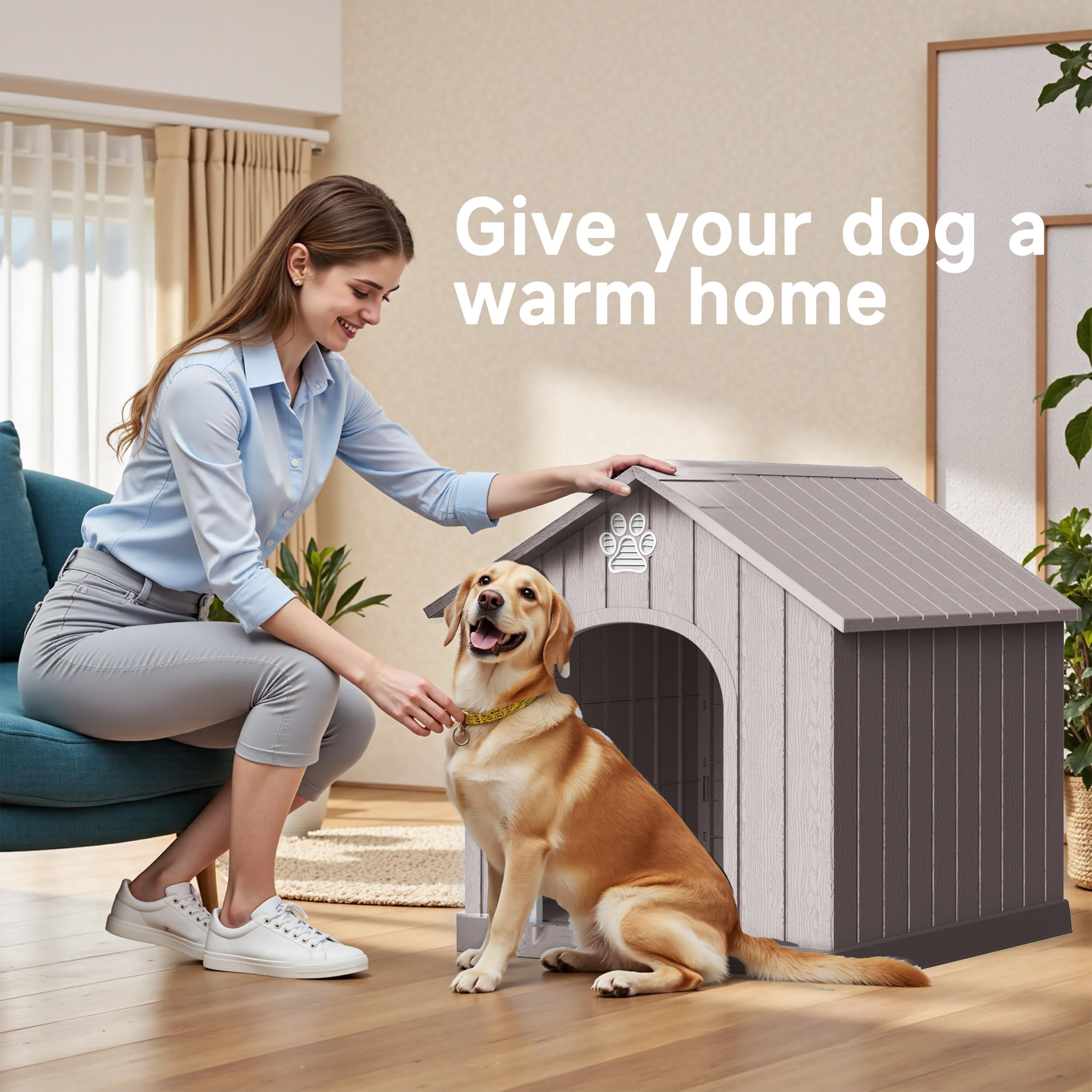Indoor Outdoor Waterproof Dog House,PP Material,Puppy Shelter with Air Vents and Elevated Floor,Sturdy Dog Kennel for Small to Large Sized Dogs, Easy to Assemble (Blue, 38.62*36.26*38.07 Inches)