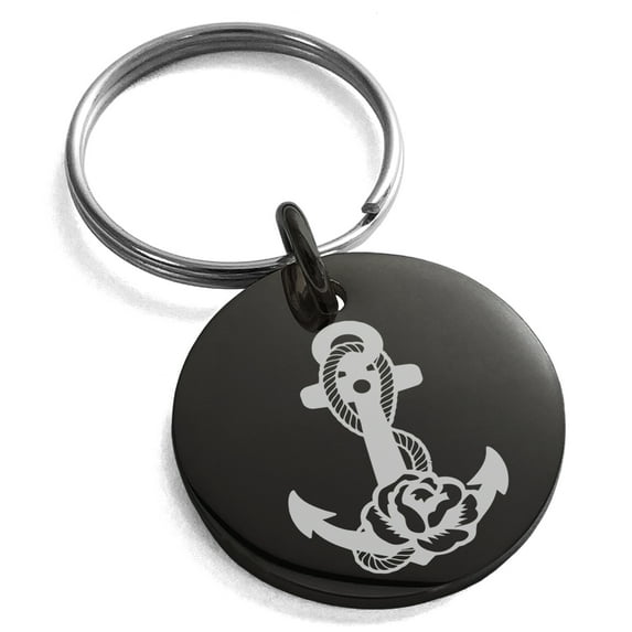 Stainless Steel Nautical Floral Rose Anchor Engraved Small Medallion Circle Charm Keychain Keyring