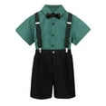 thumbnail image 2 of Bysome Toddler Boy Outfit Size 8 Years-9 Years Kids Summer Cartoon Printed Short Sleeve Shirt Solid Color Suspenders Shorts Bow Tie 4Pc Children Performance Suit Green Boy Outfit Set, 2 of 5