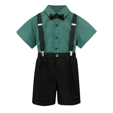 MIASHUI Kids Boys Clothes Printed Short Sleeve Shirt Suspenders Shorts Bow Tie Performance Suit,Green,1-2 Years