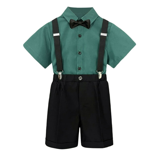 PMVFHDE Boys' British-Style Summer Suit Short Sleeve Shirt with Suspenders Shorts & Bow Tie - Kids Formal Performance Costume for Weddings & Role Play Green-2,6-7 Years