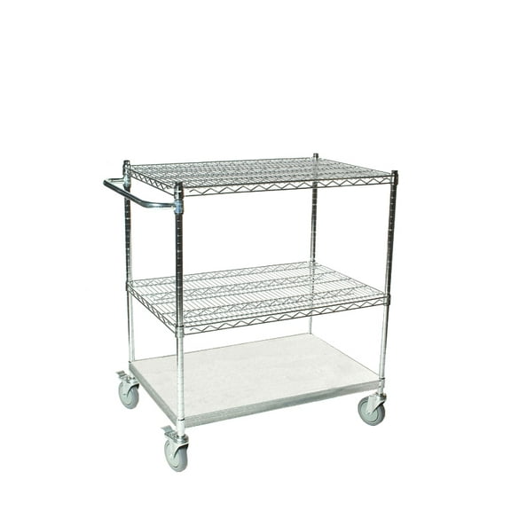 24" Deep x 30" Wide x 39" High 3 Tier Stainless Steel Shelf Cart with 2 Wire Shelf & 1 Solid Shelf