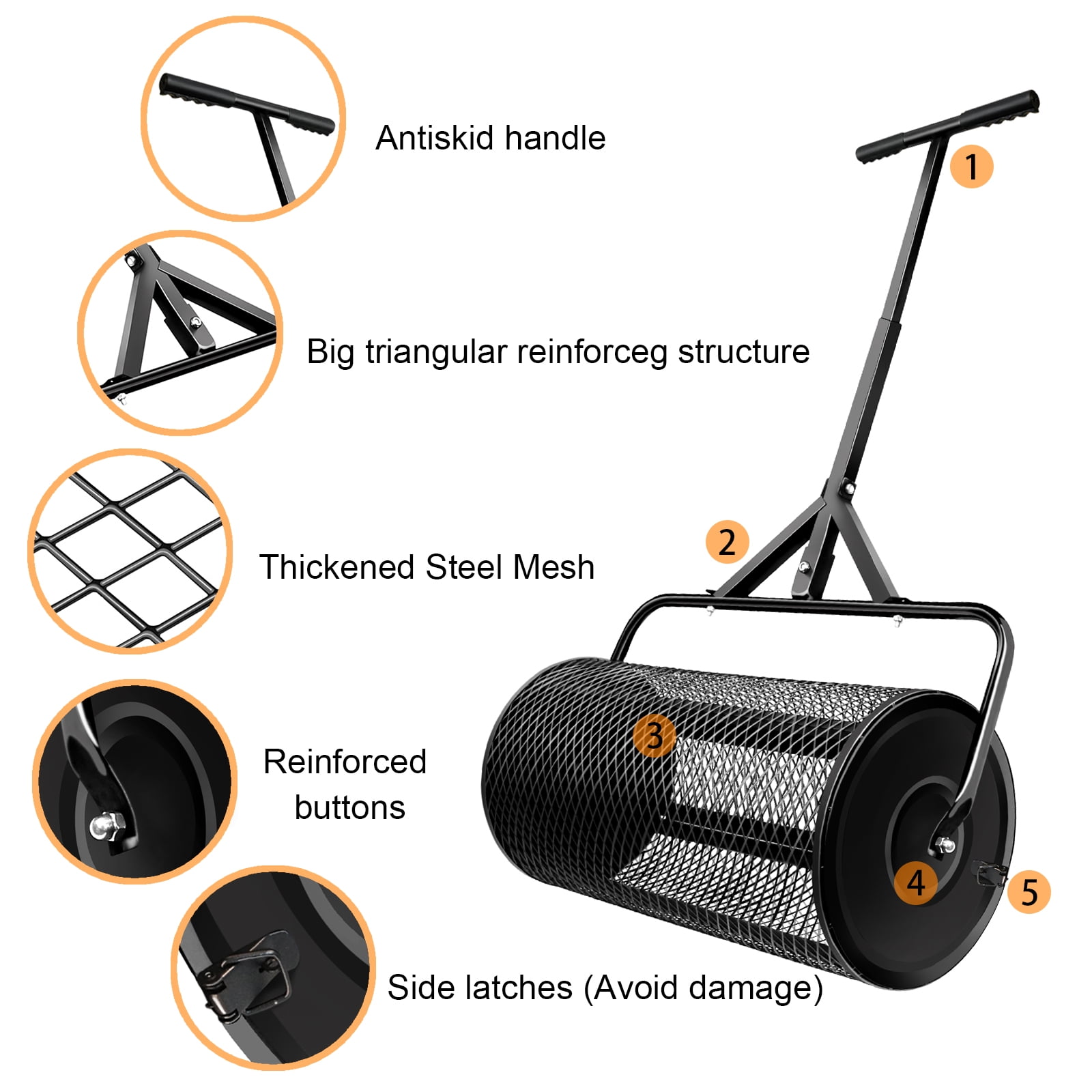 Compost Spreader for Lawn,24 Inch Compost Spreader for Lawn and Garden-Adjustable Handle,Durable Metal Mesh Basket - Perfect for Spreading Peat Moss,Fertilizer,and Seeds(Black)