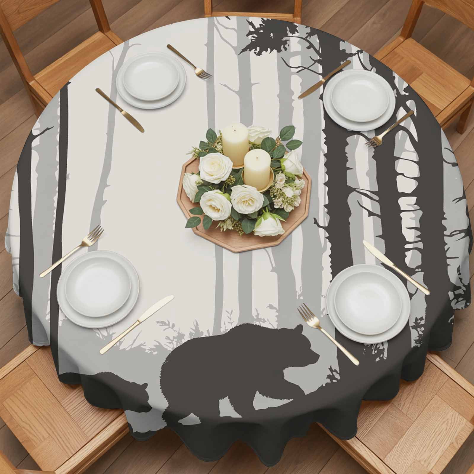 Round Tablecloth Rustic Forest Bear Silhouette Waterproof Oil Proof Polyester Table Cloth Cover Decor for Home Dining Outdoor,Patio,Parties, 54" Dia. Black Gray Farmhouse Country