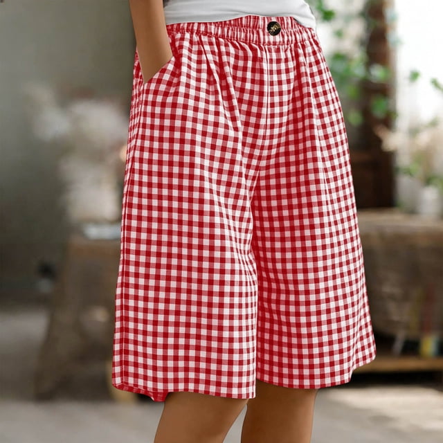 LVHAOGJOB Womens Shorts Linen Elastic Waist with Pockets Summer Plus Size Solid Color Loose Shorts Pants for Ladies Red