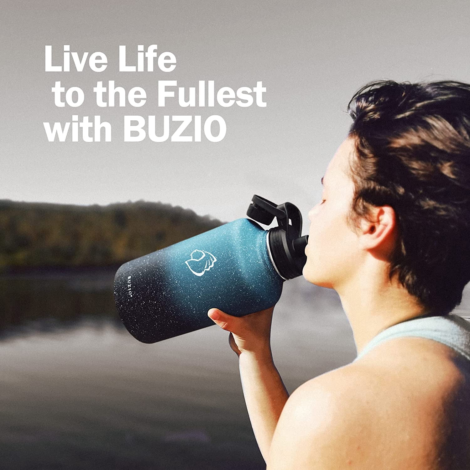 Buzio 64 oz Insulated Water Bottle with Straw & 3 Lids, Half Gallon Water Bottle Stainless Steel with Carrying Strap for Gym Sports Outdoor Hiking, Blue Starry Sky