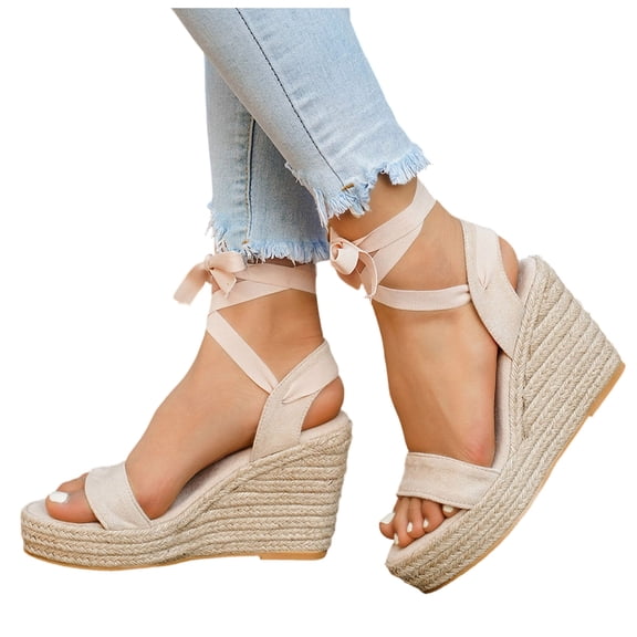 Rokment Espadrilles Wedge Strappy Dress Sandals for Women Bride Wedding Beach Summer Stylish Casual Suede Open Toe Ankle Strap Platform Chunky High Heels Dress Shoes Beige Size 6.5
