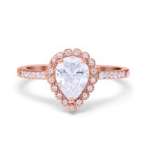 Rose Tone, Simulated Cubic Zirconia Size-7 Teardrop Pear Art Deco Halo Engagement Ring 925 Sterling Silver