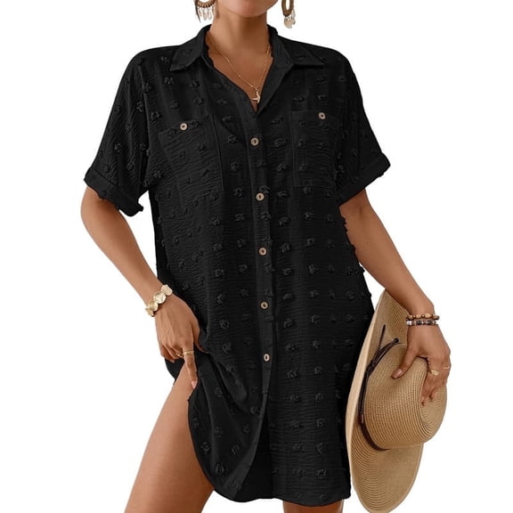 Bsubseach Women Beach Cover Ups Swiss Dot Shirt Dresses Button Down Swim Coverup Vacation Outfits