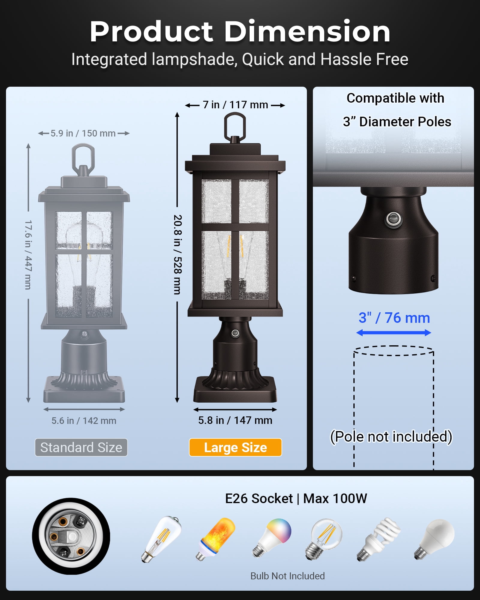 VIANIS Large Dusk to Dawn Outdoor Post Light, Oil Rubbed Bronze Outdoor Lamp Posts Lighting with Pier Mount Base, 100% Aluminum Waterproof Pole Lights for Outside, Garden, Yard