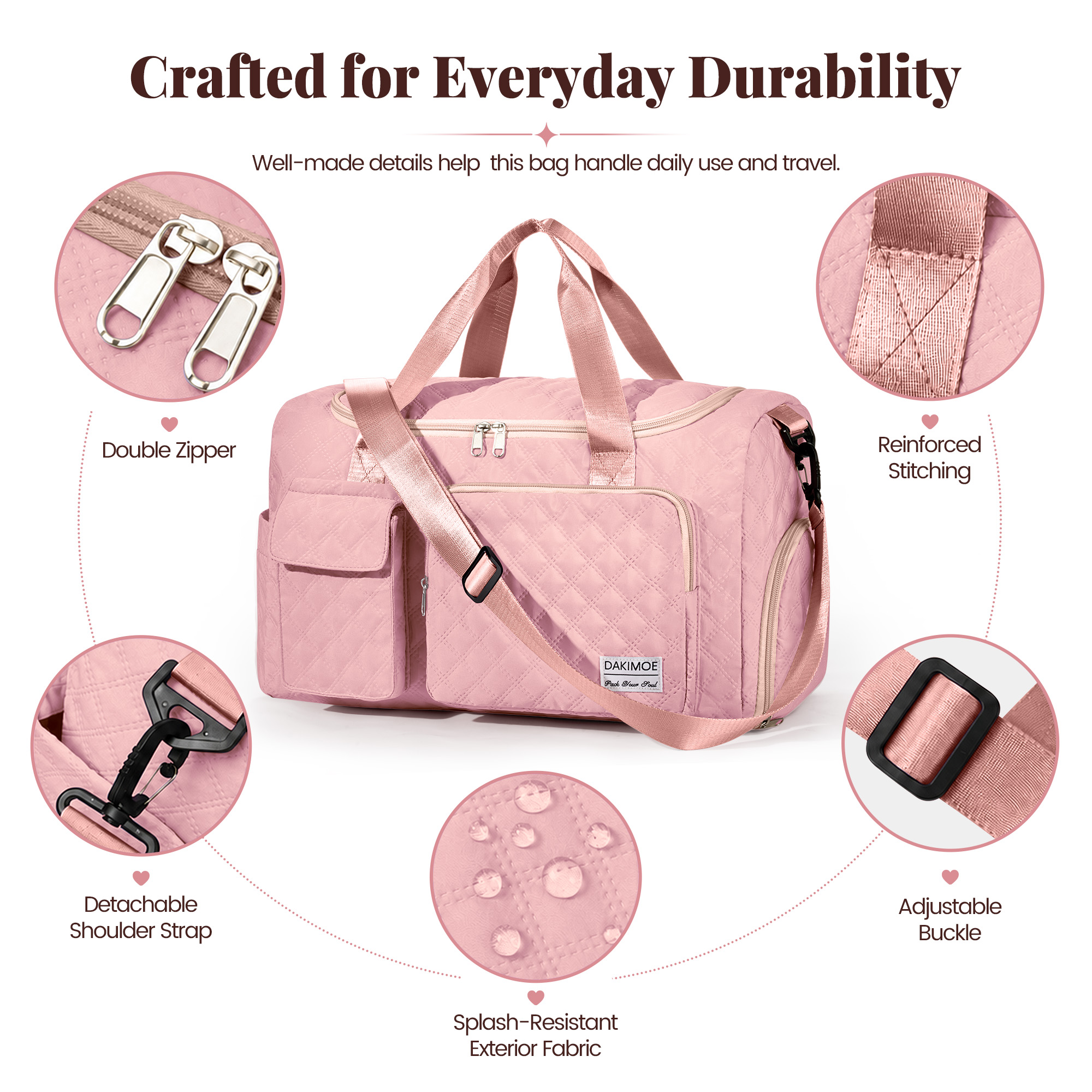 DAKIMOE Travel Duffle Bag with Wet Pocket and Shoe Compartment for Women and Men, Pink photo 6