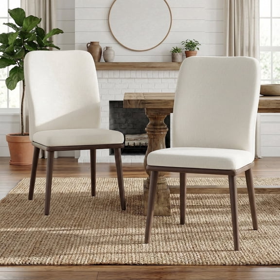 EOP Modern Dining Chairs Set of 2, Fabric Upholstered Dining Room Chairs, Wooden Armless Kitchen Side Chairs with Solid Wood Legs and Padded Seat, Beige