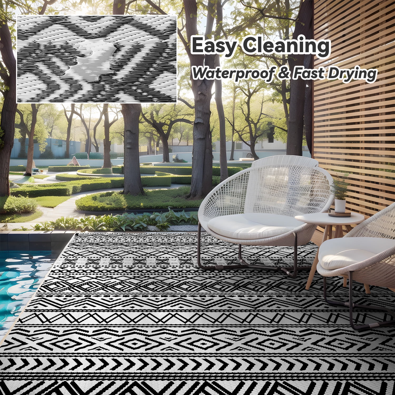 SIXHOME Outdoor Rug 5'x8' Waterproof Reversible Patio Rug Boho Geometric Indoor Outdoor Rugs Lightweight Plastic Straw Ourdoor Carpet for RV Camping Deck Balcony Modern Porch Decor Black and White