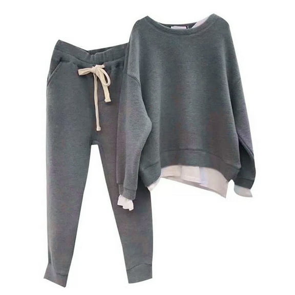 comerut 2 Pcs/Set Women Sweatshirt Pants Set Fake Two-piece Loose Elastic Waist Crew Neck Solid Color Warm Drawstring Casual Women Autumn Tracksuit for Daily Wear