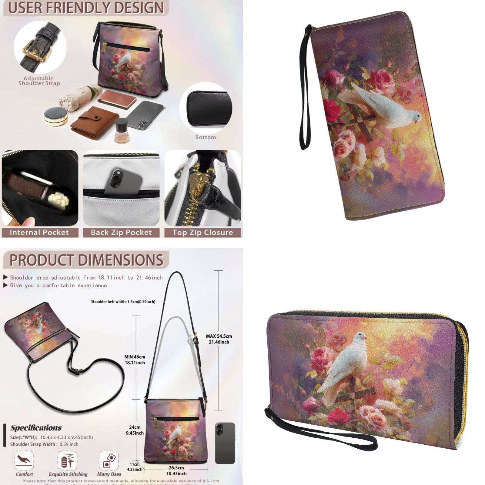 ZUXONGSY White Dove Cross Rosette Print Stylish PU Leather Crossbody Purse & Wallet Set for Women, Large Satchel Handbag with Adjustable Strap for Travel & Work for Daily Use