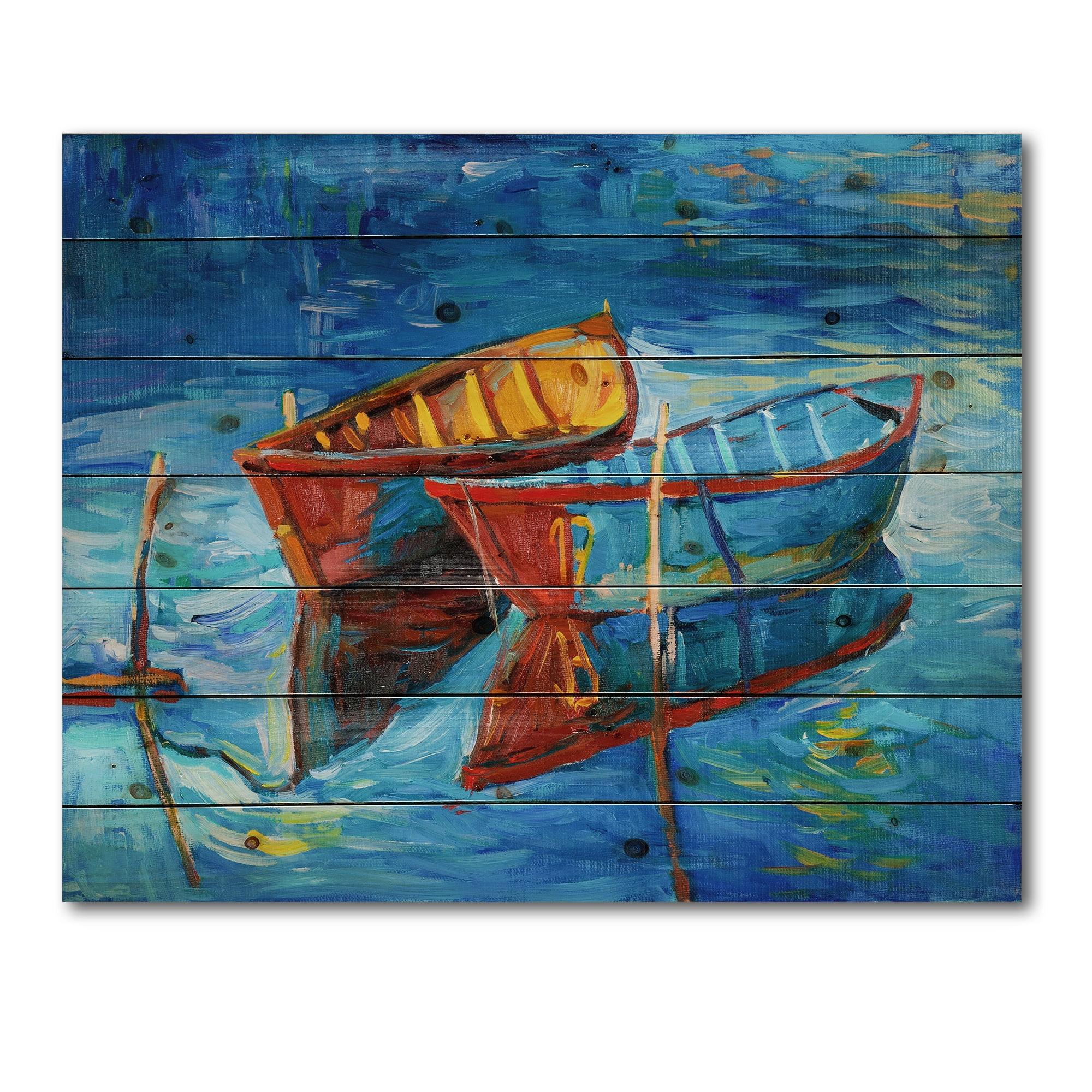 Designart 'Boat At The Lake During Evening Glow III' Nautical & Coastal Print on Natural Pine Wood