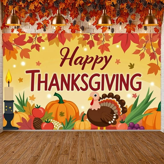 ANGFENG Happy Thanksgiving Banner - Turkey Maple Leaf Pumpkin Design ,XtraLarge, 72x44 Inch Happy Thanksgiving Backdrop for Fall Decorations,Thanksgiving Banner Backdrop Party Decoration