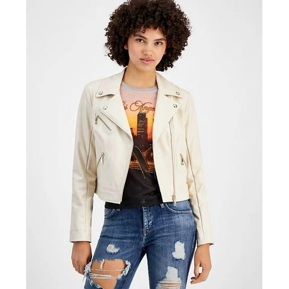 Guess PEARL OYSTER MULTI Women's Faux-Leather Cropped Moto Jacket, US X-Small
