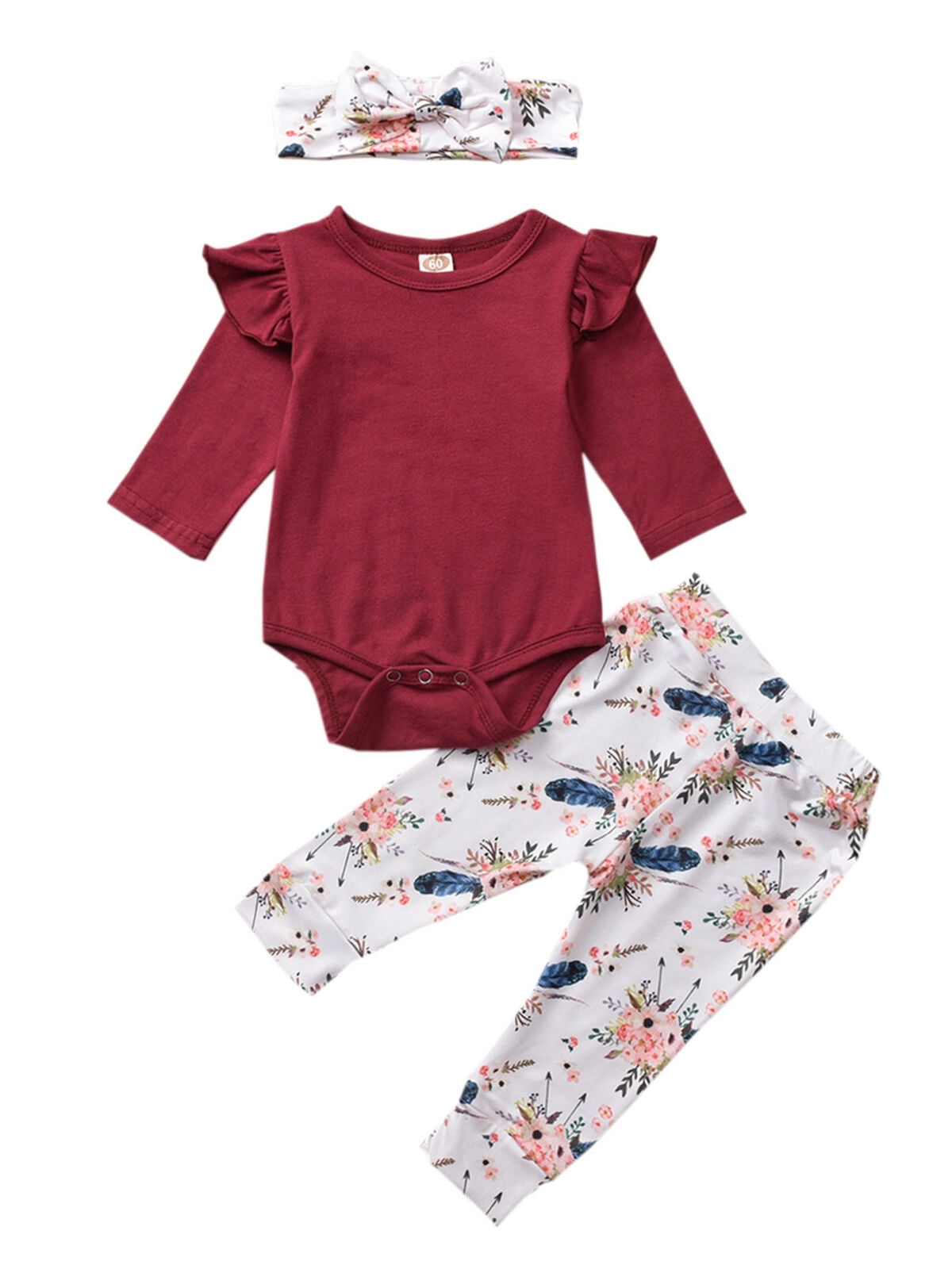 Red,3-6 Months Baby Girls Long Sleeve Red Romper Floral Trouser Headband 3 Pieces Toddler Cotton Outfits Set for 0-24 Months