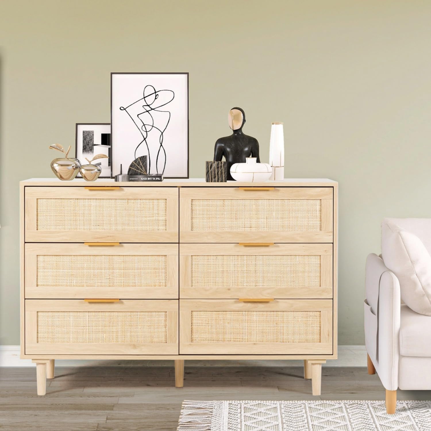 LAZZO 6-Drawer Rattan Dresser, Modern Chest of Drawers, Wooden Storage Organizer for Bedroom, Living Room & Hallway, Natural Wood Color