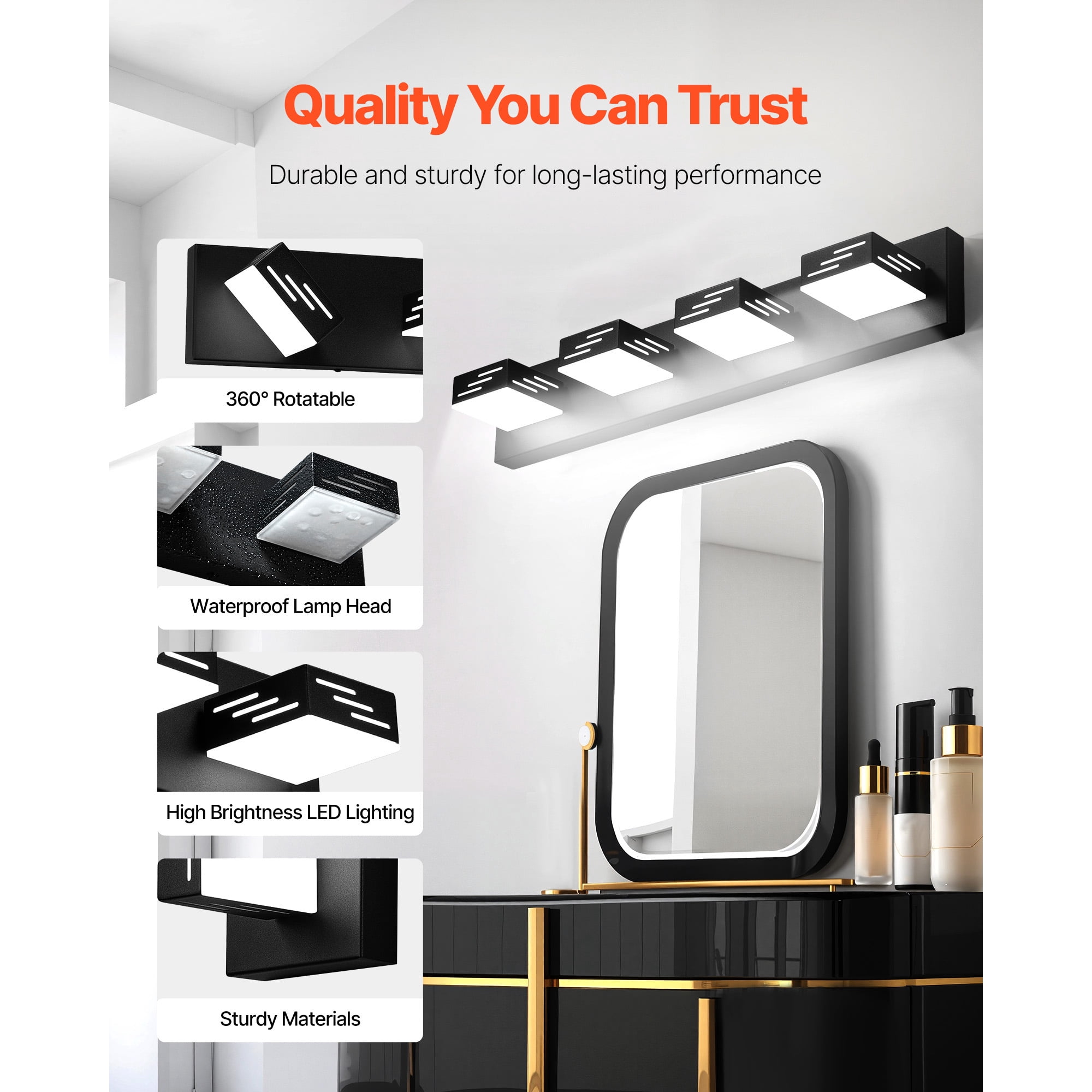 KFFKFF 4-Light LED Modern Vanity Light Fixture, 25.59-Inch, Black Finish Wall Lighting for Bathroom, Living Room, Bedroom, Hallway, Cool White 6000K, IP44 Waterproof