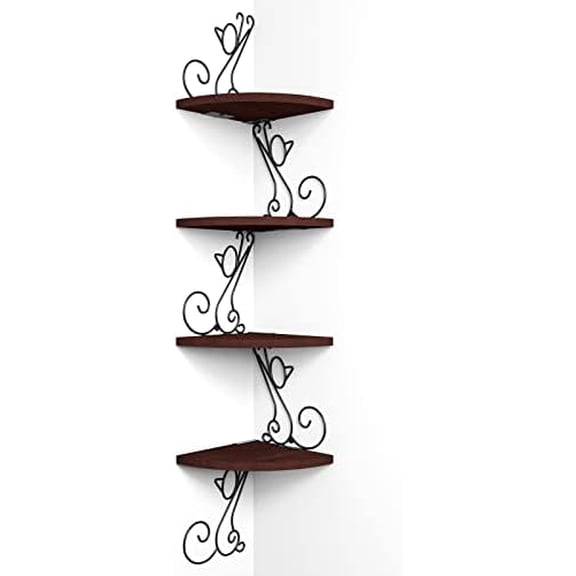 Corner Shelf Wall Mount, 4 Tier Floating Shelves for Wall, Easy-to-Assemble Wall Shelves Rustic Wood Decor for Bedroom Living Room Bathroom Kitchen Office, Walnut Finish