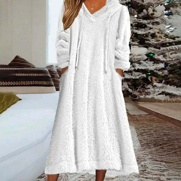 Camisolas largas de poliéster para mujer, vestido de manga larga con capucha y bolsillos de color liso a la moda