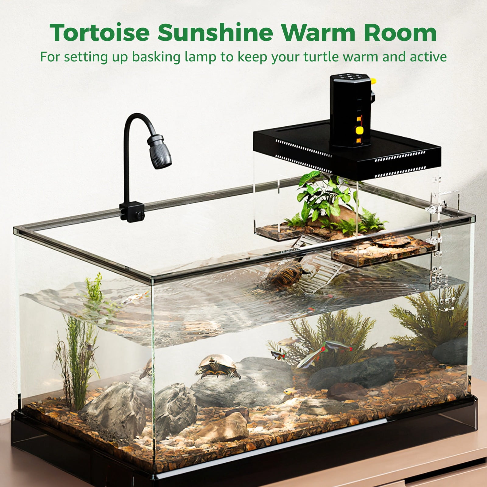 Tortoise Sunshine Warm Room, Elevated Transparent Turtle Basking Platform with Ramp & Lid, Adjustable Height, Small Turtle Habitat with Reserved Hole for Hex Basking Lamp