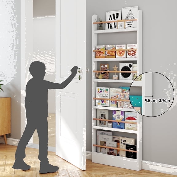 VGBYUJ Behind The Door Bookshelf, 6 Tier Slim Bookcase for Narrow Space, Space-Saving Wall Mount Narrow BookShelf for Bedroom Living Room Kitchen, White