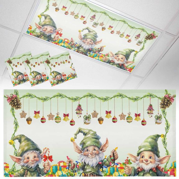 Ceiling Light Cover for Classroom, Merry Christmas Magnetic Fluorescent Light Covers Filter for School,Office, 2X4 FT, Pack of 3, Green Christmas Gnome Elf Xmas Balls