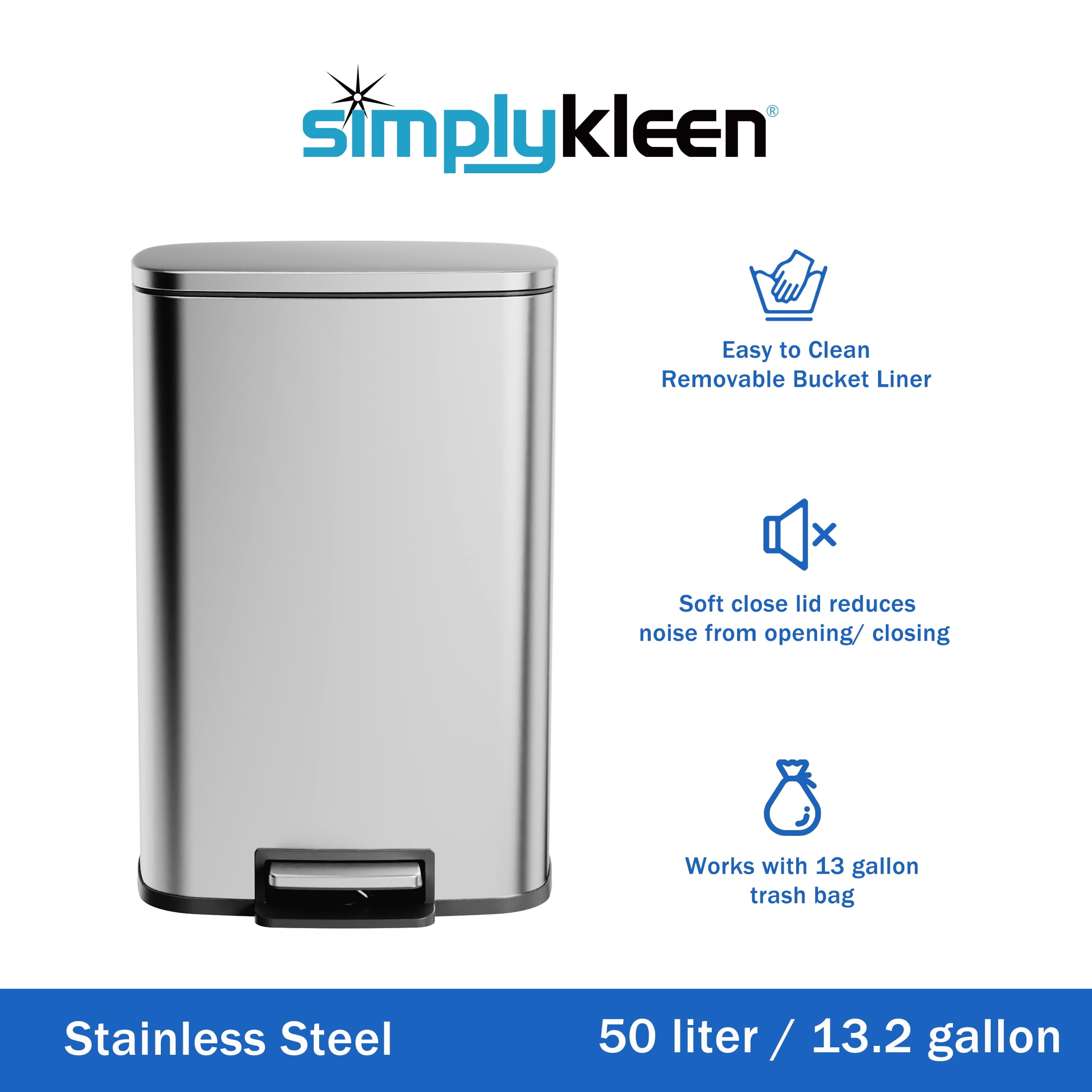 Simplykleen Kitchen Trash Can, 13.2 Gallon Stainless Steel Step-On Rectangle Garbage Bin with Soft Close Lid, Fingerprint Resistant, Silver