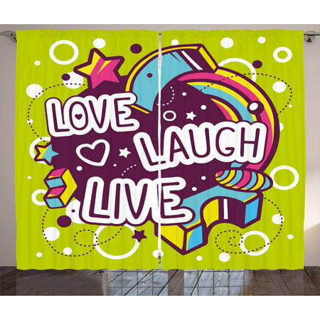 Live Laugh Love Curtains 2 Panels Set, Cartoon Style Line Art Figures Stars Cubes Circles and Hearts Cheerful, Window Drapes for Living Room Bedroom, 108W X 63L Inches, Multicolor, by