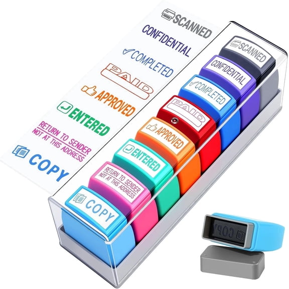 8 Pcs Office Stamps Set, Paid Copy Scanned Entered Confidential Approved Completed Return to Sender Stamp, Multicolor Rubber Business Stamps with Storage Case