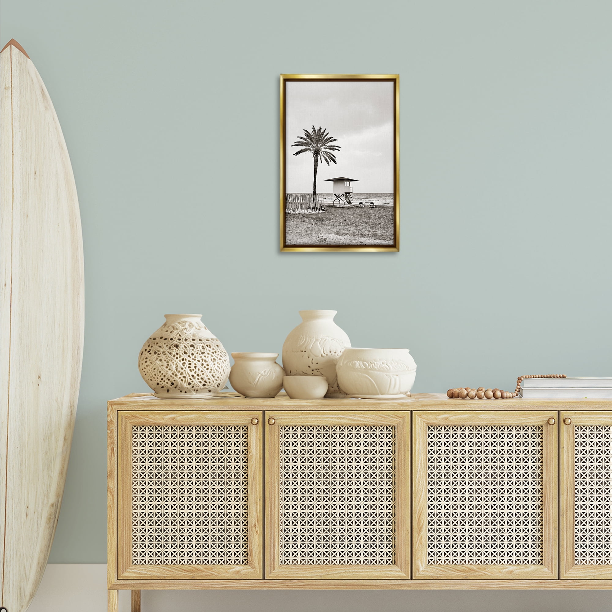 Stupell Industries Lifeguard Tower & Palm Landscape & Nature Photography Gold Floater Framed Canvas Art Print Wall Art, 17 x 25