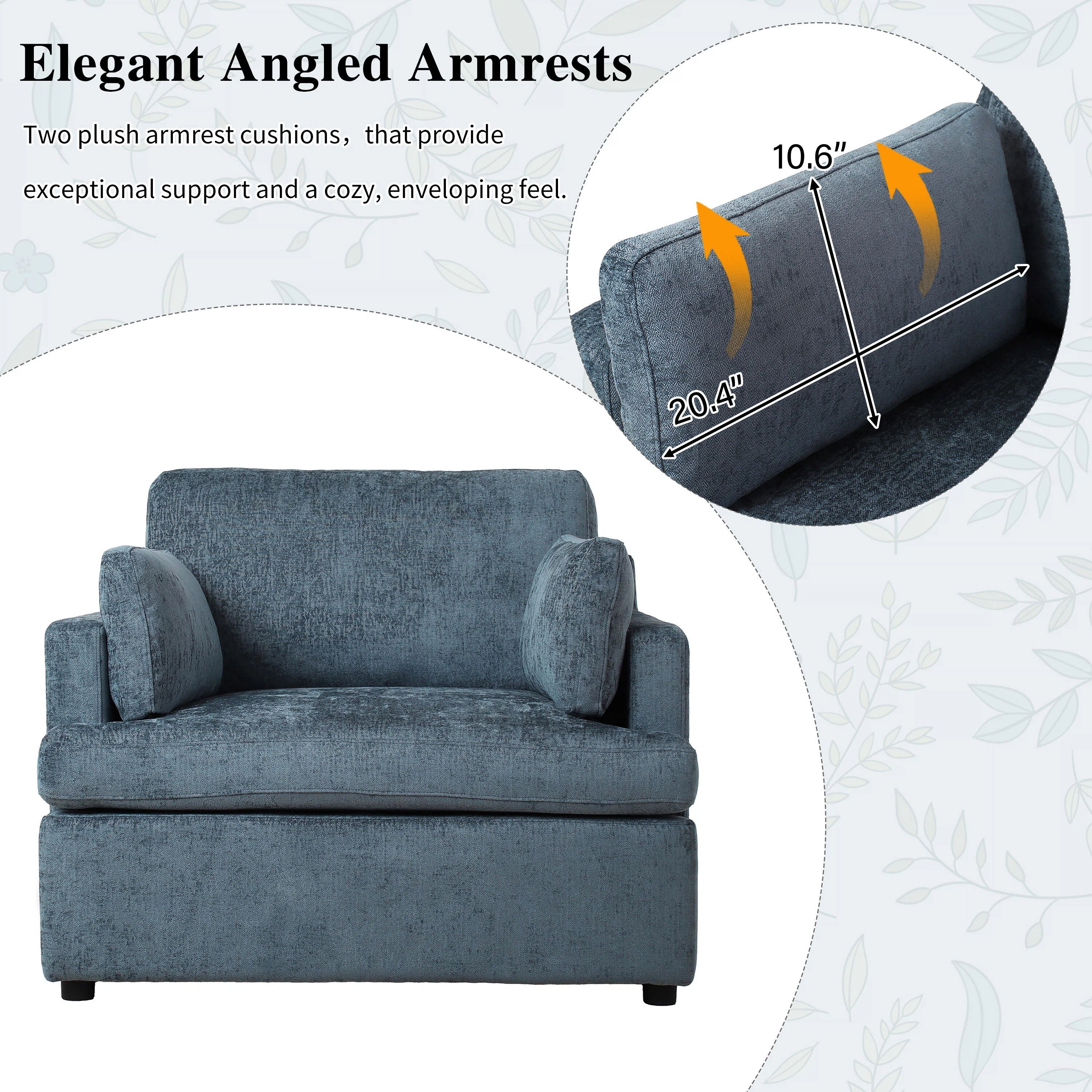 Euroco Oversized Accent Chair, 37" Wide Armchair with 2 Throw Pillow and Deep Seat,Upholstered Modern Lounge Chair,Comfy Reading Chair for Living Room, Bedroom,Blue