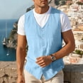 thumbnail image 2 of Men's V Neck Vest Cotton Linen Sleeveless Vest Button Up Sleeveless Tops Casual Layering Spring Summer Business Top Sky Blue M, 2 of 6