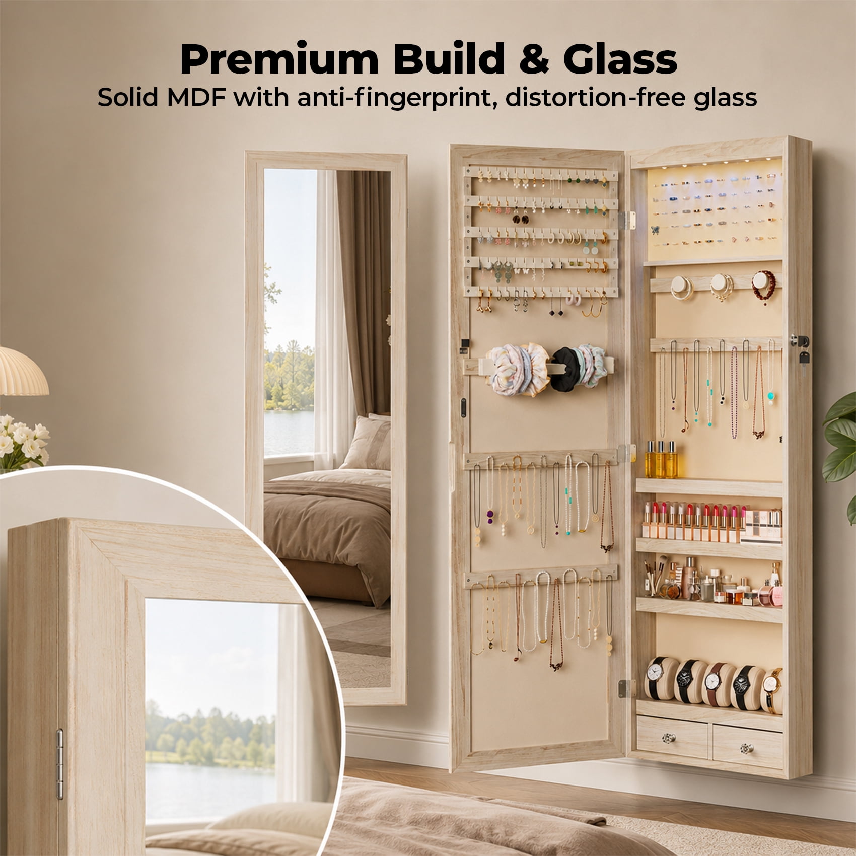 Alvantor Jewelry Organizers and Storage, 47.2-Inch Tall Lockable Wall or Door Mounted Jewelry Armoire Organizer with Mirror, 2 Drawers, 6 LEDs Mirror Jewelry Cabinet