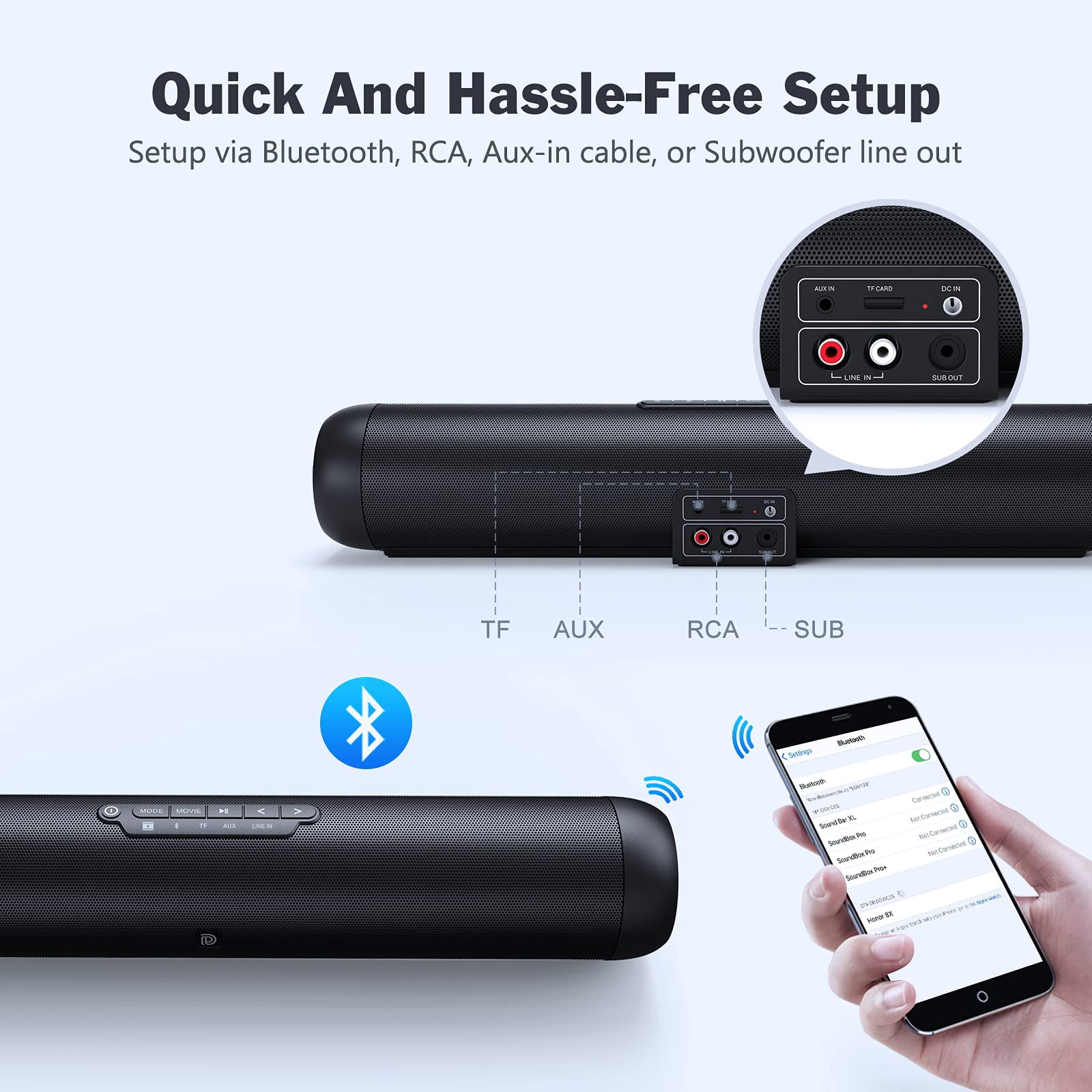 DOSS Sound Bar for TV with Dual Subwoofers, HD 3D Stereo Speaker and Midrange Drivers, Wired & Wireless Bluetooth 5.0, Three Sound Modes, Muti-Connections, Remote Control, Speaker for TV