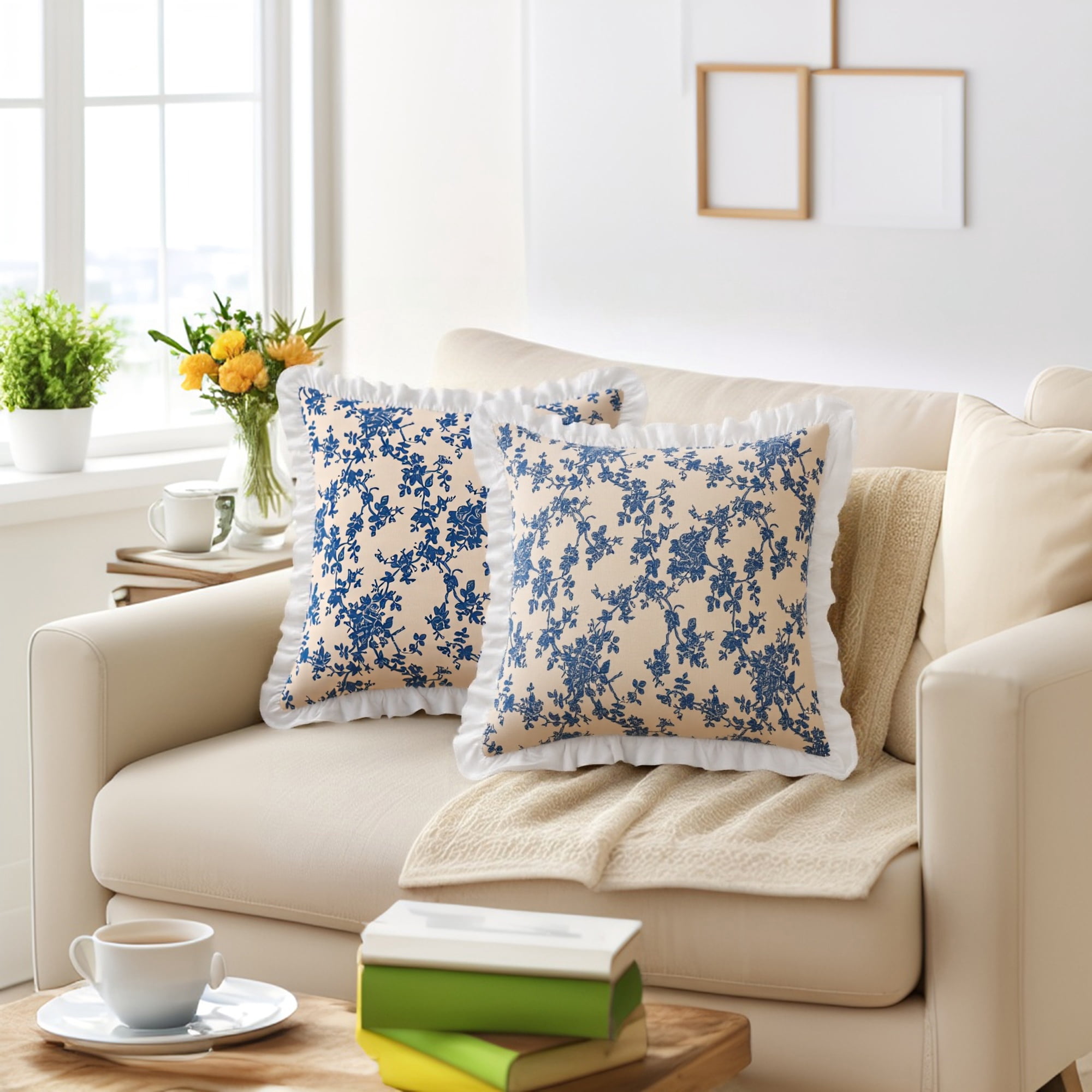Unique Bargains Set of 2 Leaf Print Pillow Covers with Ruffled Trim Blue 18" x 18"
