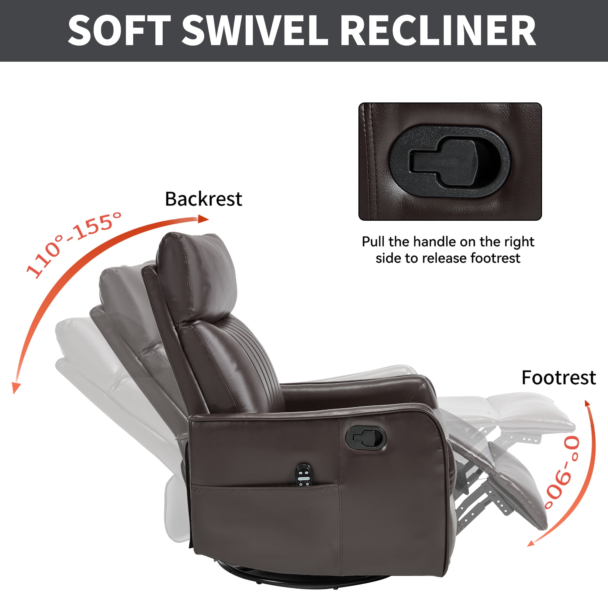 Leumius Manual Swivel Rocker Recliner Chair for Adults,Overstuffed Reclining Glider Chair with Vibration Massage & Heat,Upholstered Recliners with Side Pockets for Living Room,Dark Brown PU
