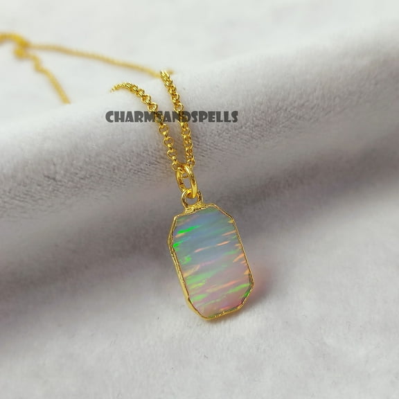 Fire Opal Necklace, Raw Opal Necklace, Opal Pendant, October Birthstone Necklace, Opal Electroplated Necklace, Opal Jewelry For Women, Gift