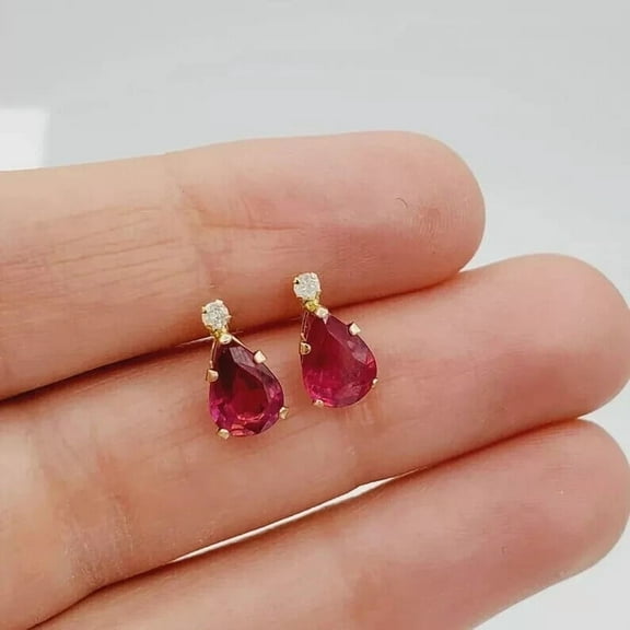 Drop Style 3Ct Pear Lab-Created Red Ruby & Diamond Stud Earrings 14K Yellow Gold Plated Silver
