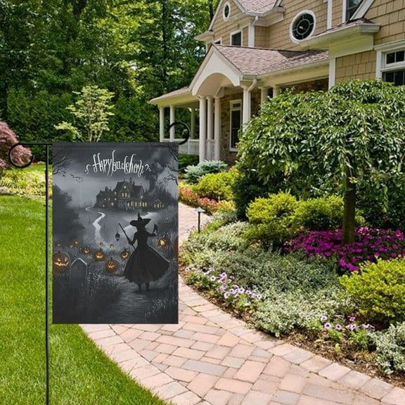 Dark Witch and Haunted House Garden Flag 12x18 inch Double Sided Outside Yard Decorations for Home Outdoor