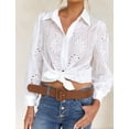 thumbnail image 6 of IDOPIP Women Tops Casual Dressy White Solid Color Blouses Hollow Out Point Collar Fall Puff Sleeve Shirts Size L, 6 of 7
